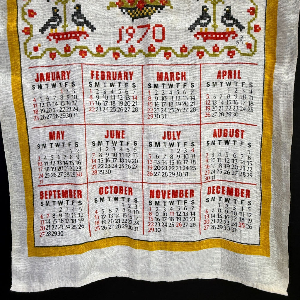 Vintage 1970 Bless This House Folk Art Design Linen Fabric Wall Calendar