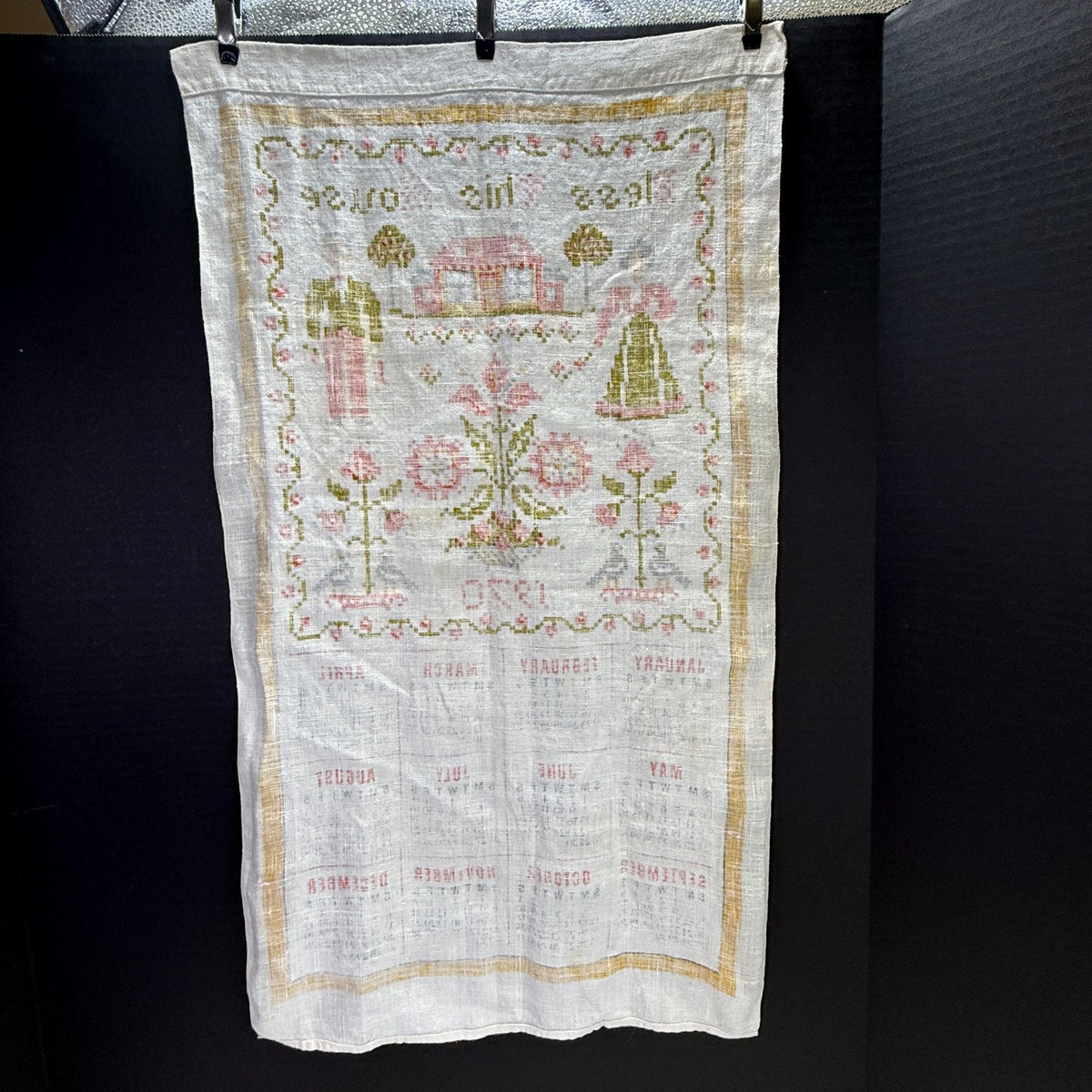 Vintage 1970 Bless This House Folk Art Design Linen Fabric Wall Calendar