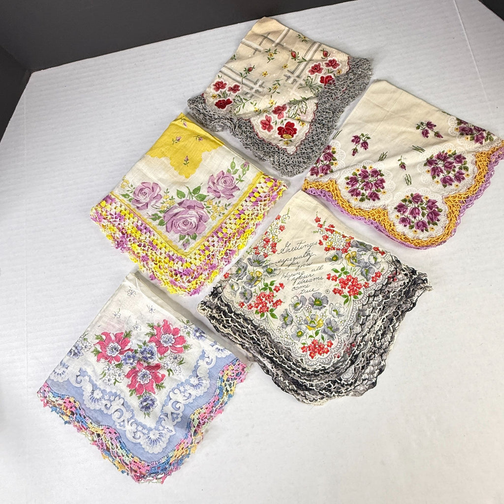 Vintage Floral Handkerchiefs Lot of 5 Crochet Lace Edging Hankies