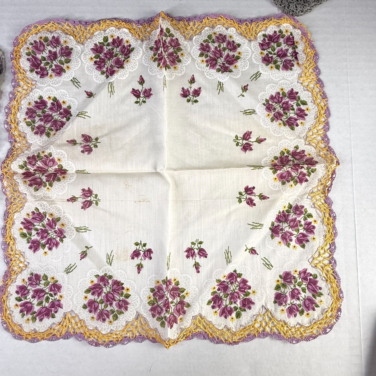 Vintage Floral Handkerchiefs Lot of 5 Crochet Lace Edging Hankies