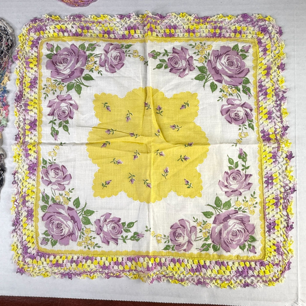 Vintage Floral Handkerchiefs Lot of 5 Crochet Lace Edging Hankies