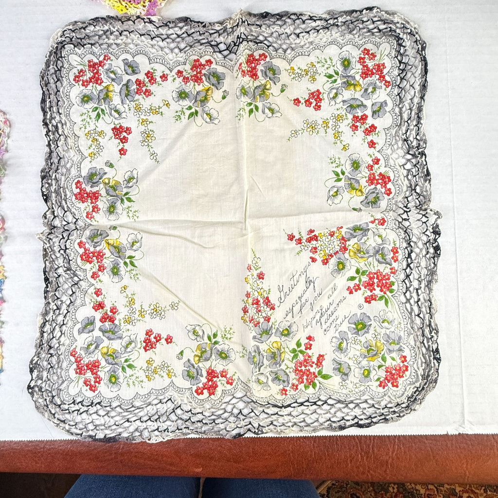 Vintage Floral Handkerchiefs Lot of 5 Crochet Lace Edging Hankies