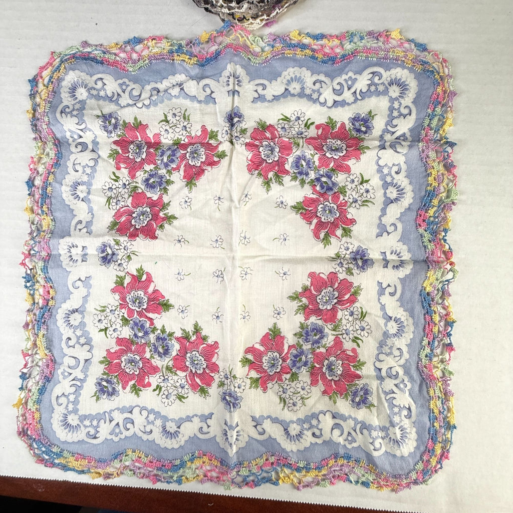 Vintage Floral Handkerchiefs Lot of 5 Crochet Lace Edging Hankies