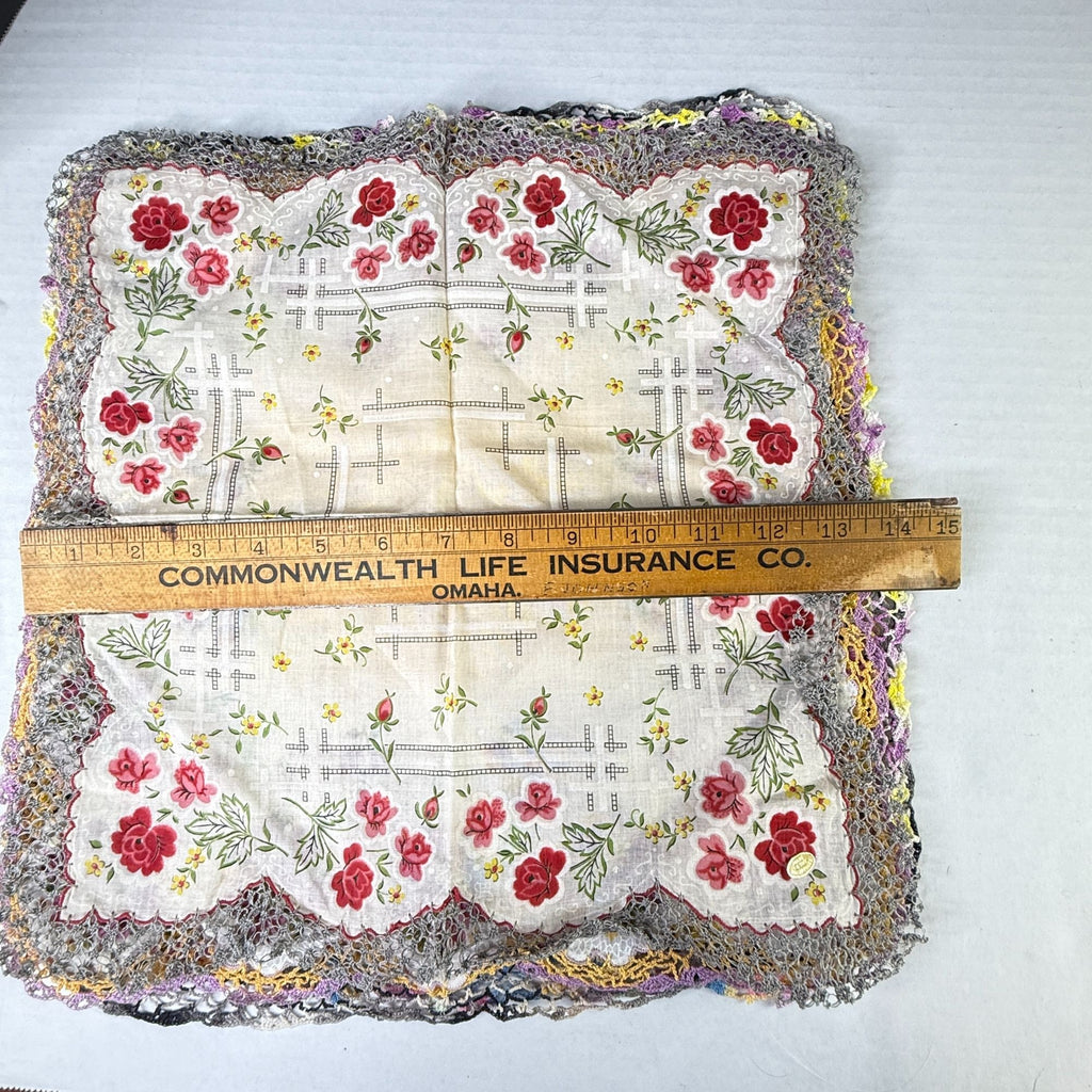 Vintage Floral Handkerchiefs Lot of 5 Crochet Lace Edging Hankies