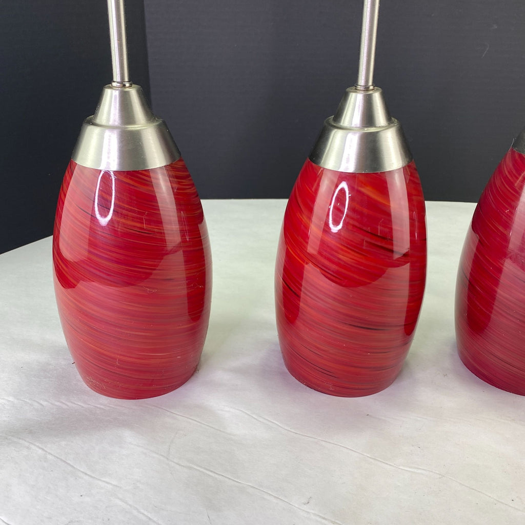 Set Of 4 Brushed Nickel Pendant Lights With 3 Red Swirl Glass Shades