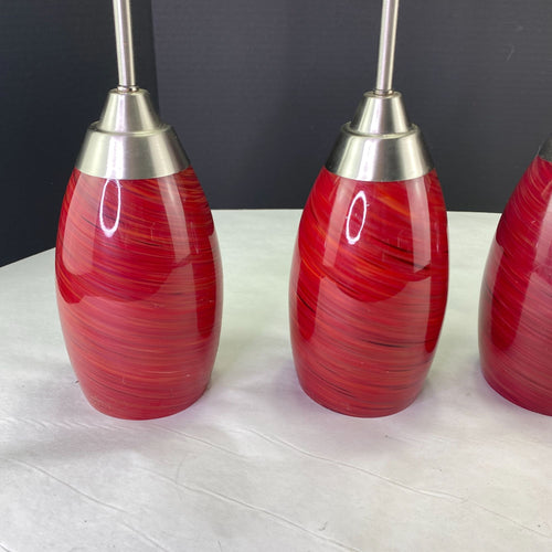 Set Of 4 Brushed Nickel Pendant Lights With 3 Red Swirl Glass Shades