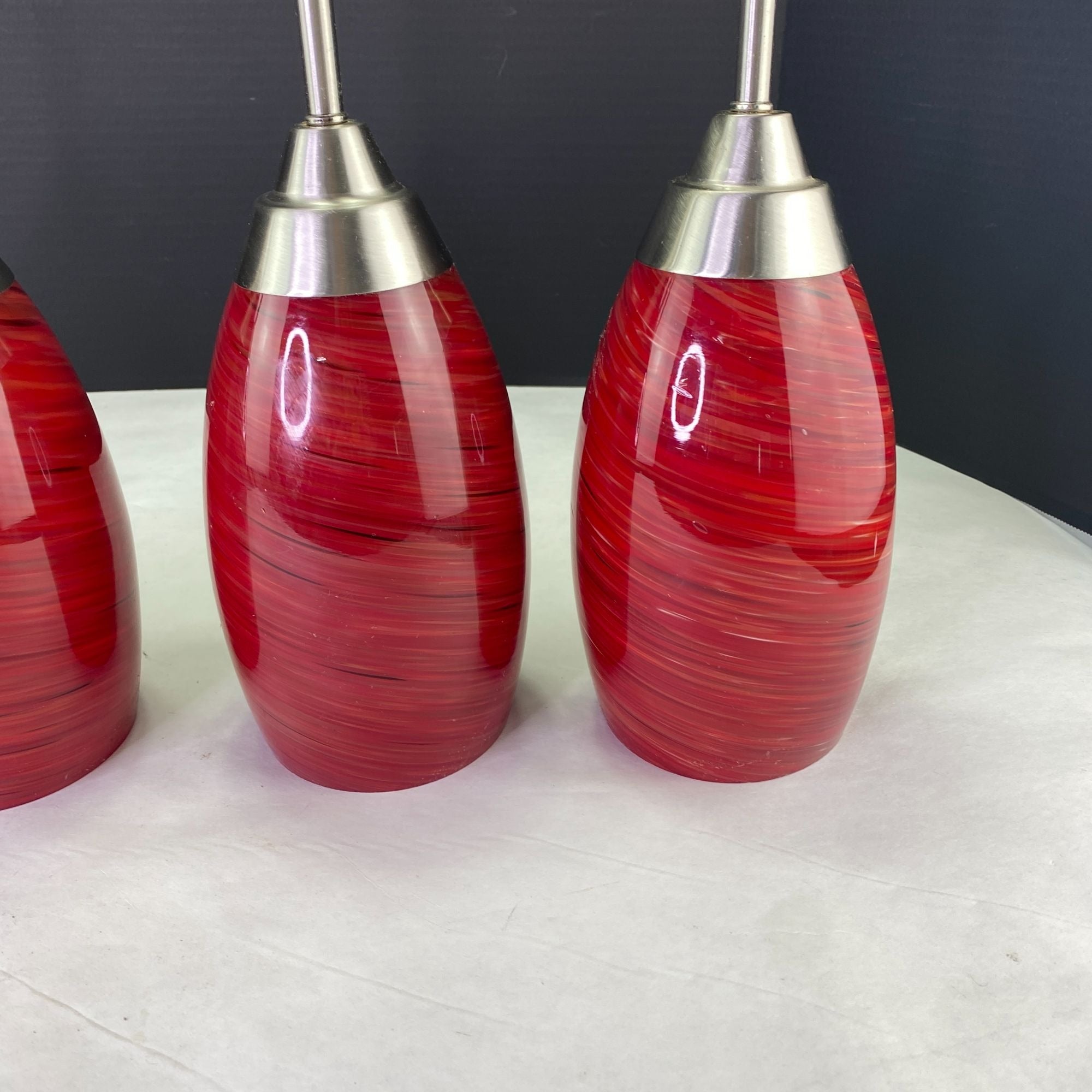 Set Of 4 Brushed Nickel Pendant Lights With 3 Red Swirl Glass Shades