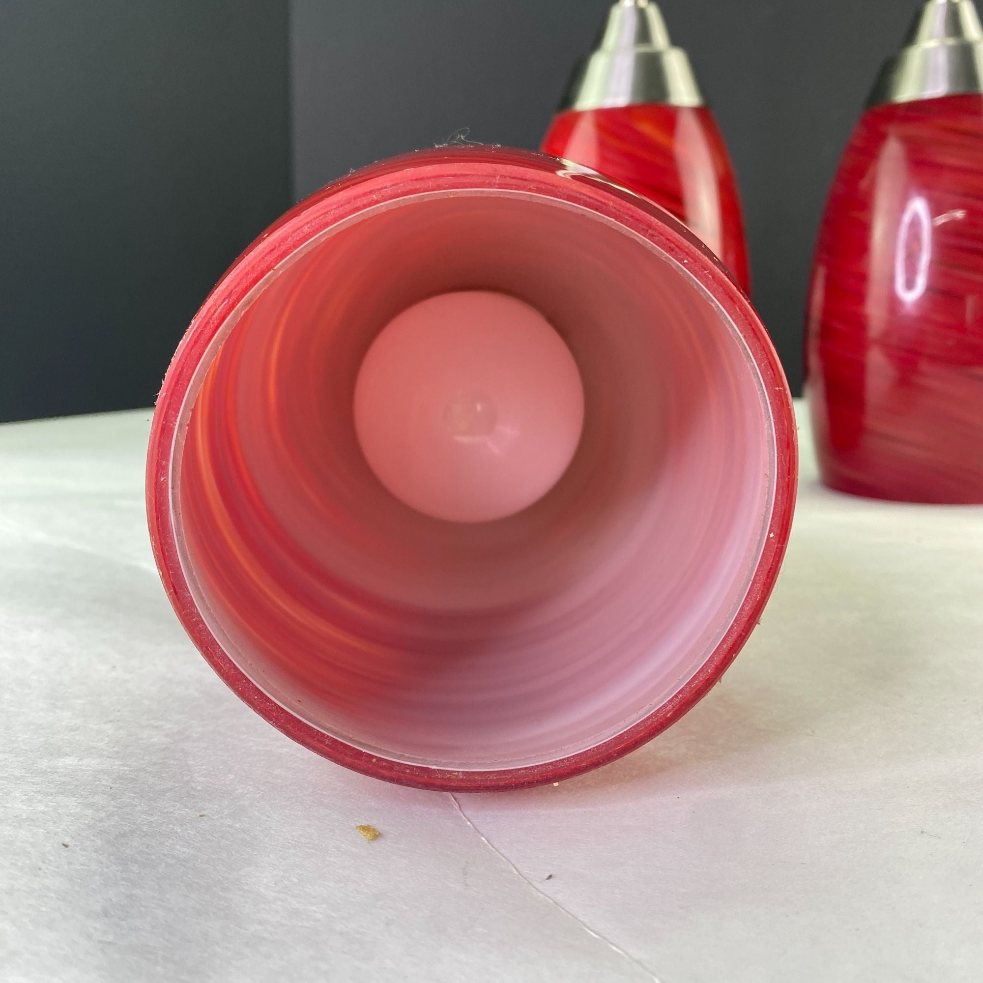 Set Of 4 Brushed Nickel Pendant Lights With 3 Red Swirl Glass Shades