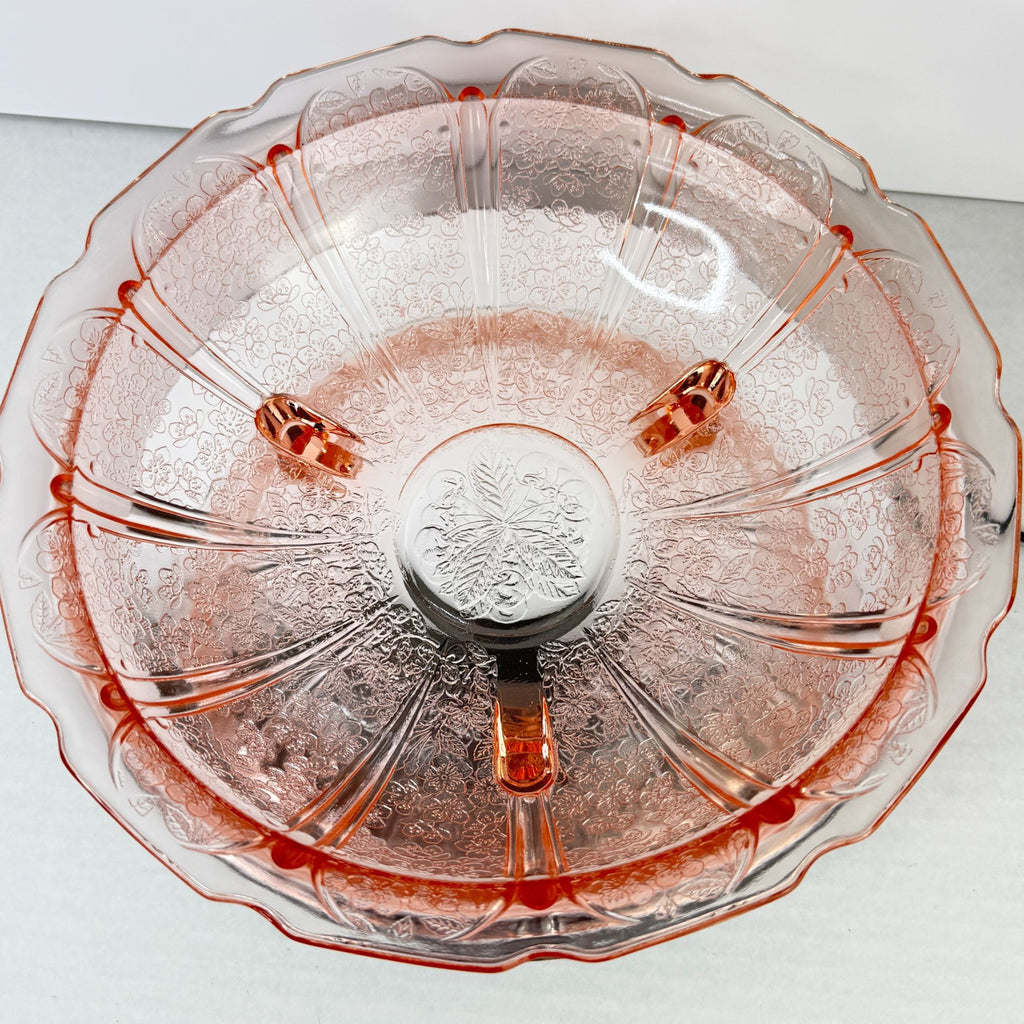 Vintage Jeannette Cherry Blossom Pink Depression Glass 3 Toed Footed Bowl 10.5"