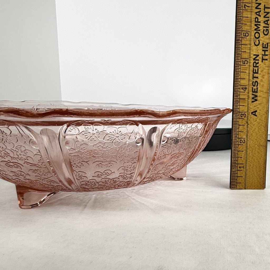 Vintage Jeannette Cherry Blossom Pink Depression Glass 3 Toed Footed Bowl 10.5"