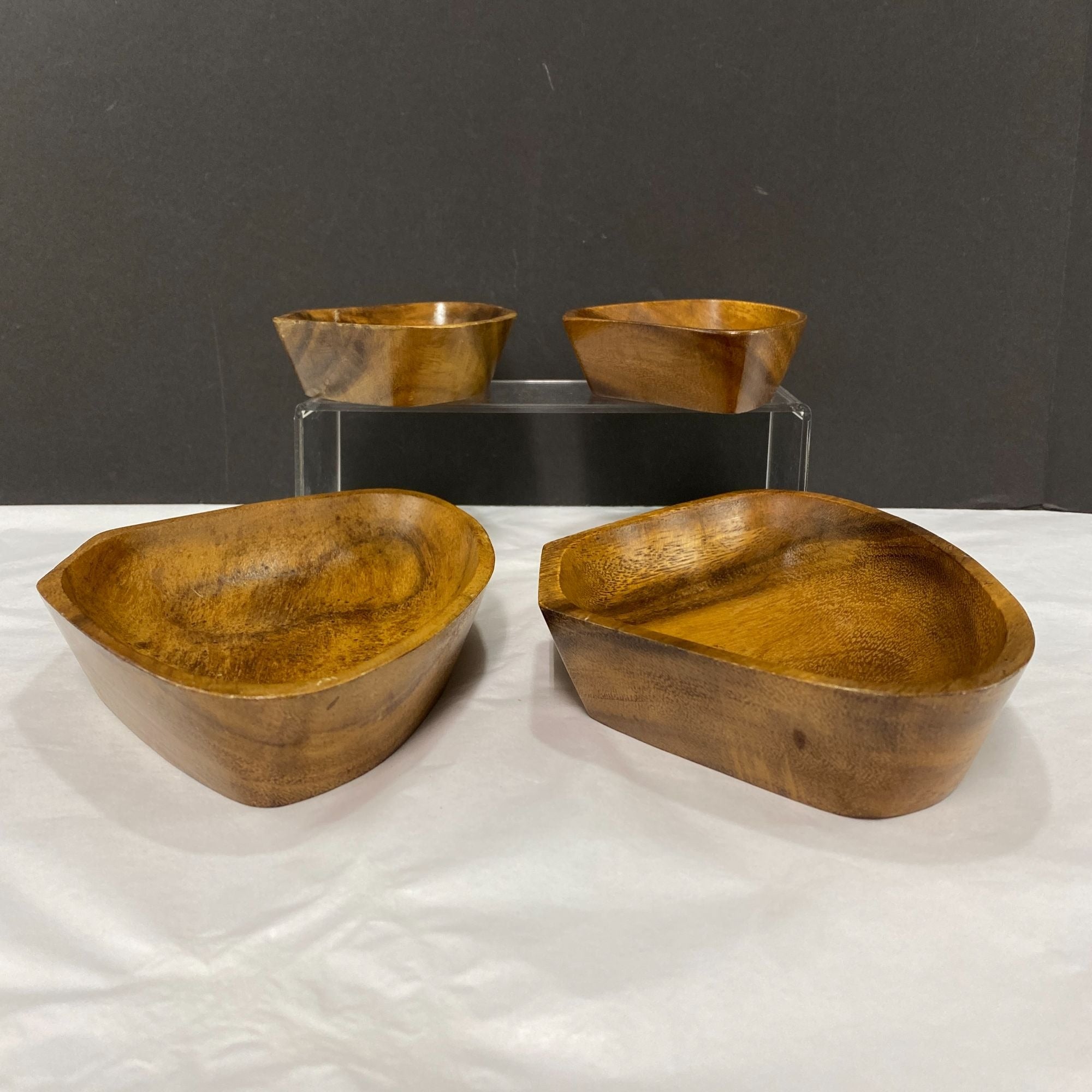 Vintage Monkey Pod Style Wood Triangle Nut Candy Trinket Bowls Set Of 4
