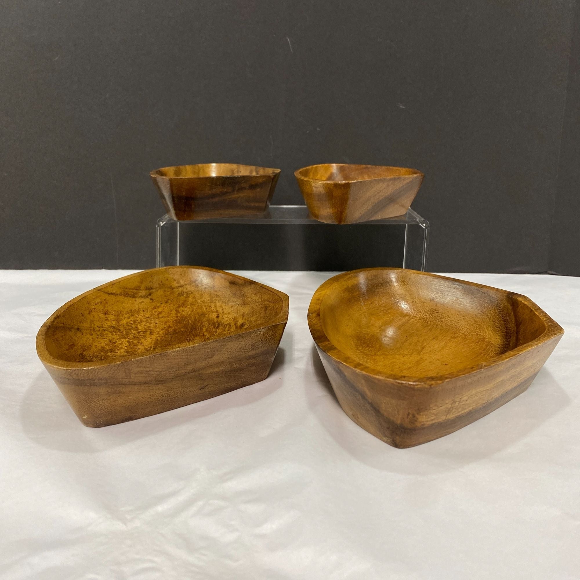 Vintage Monkey Pod Style Wood Triangle Nut Candy Trinket Bowls Set Of 4