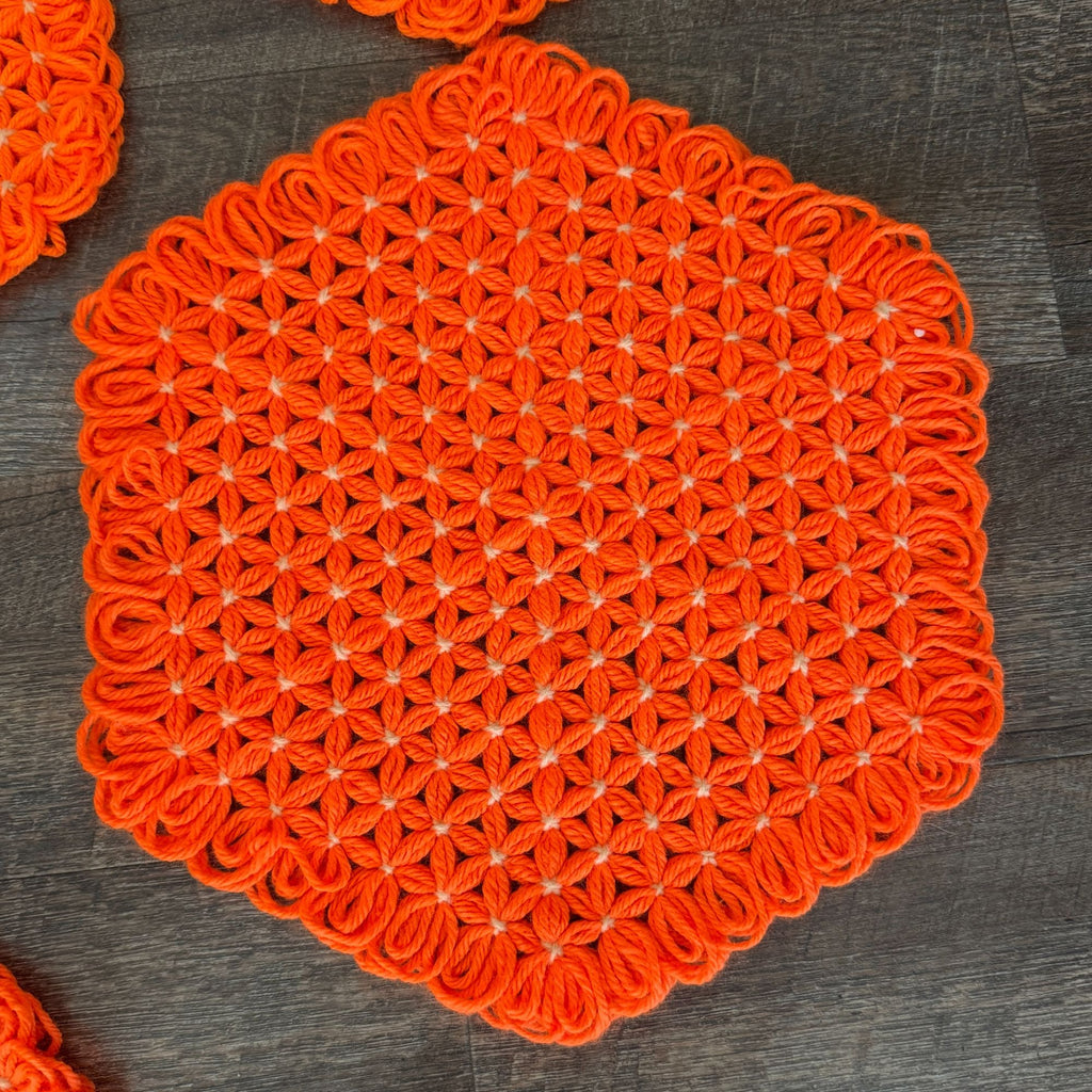 Retro Orange Crochet Placemats Trivets Coasters 10 Piece Kitchen Table Set