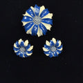 Vintage Crown Trifari Blue White Daisy Flower Enamel Brooch and Earrings Set