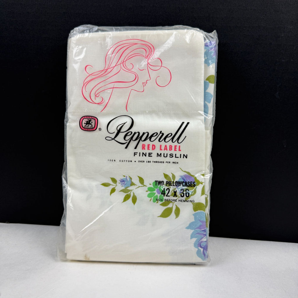 Vintage Pepperell Red Label Fine Muslin Pillowcases Blue Green Floral NEW