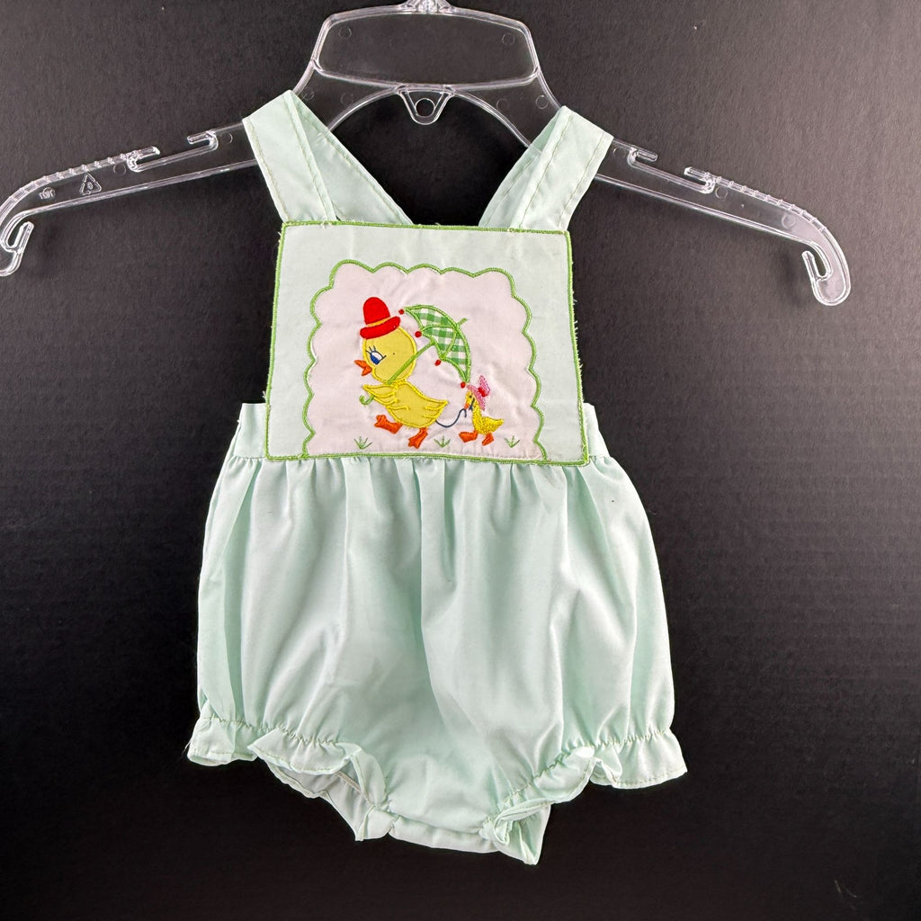 Vintage Little Set Green Baby Romper With Duck Embroidery & Bib Overall NWT