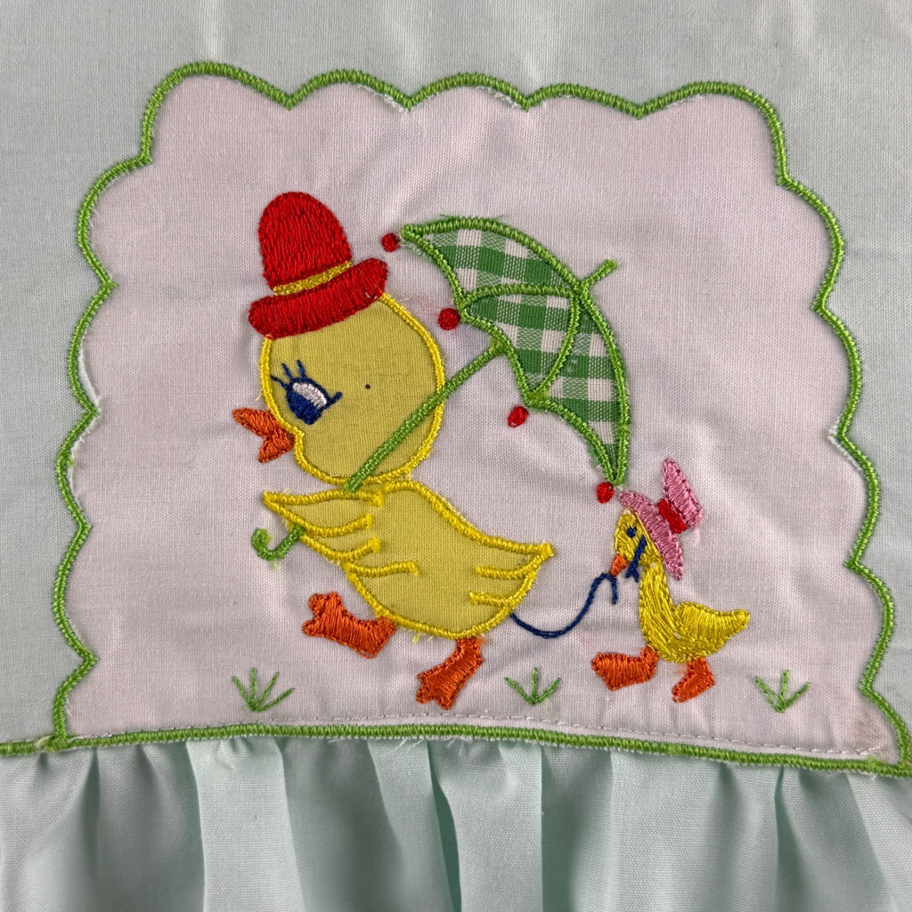 Vintage Little Set Green Baby Romper With Duck Embroidery & Bib Overall NWT