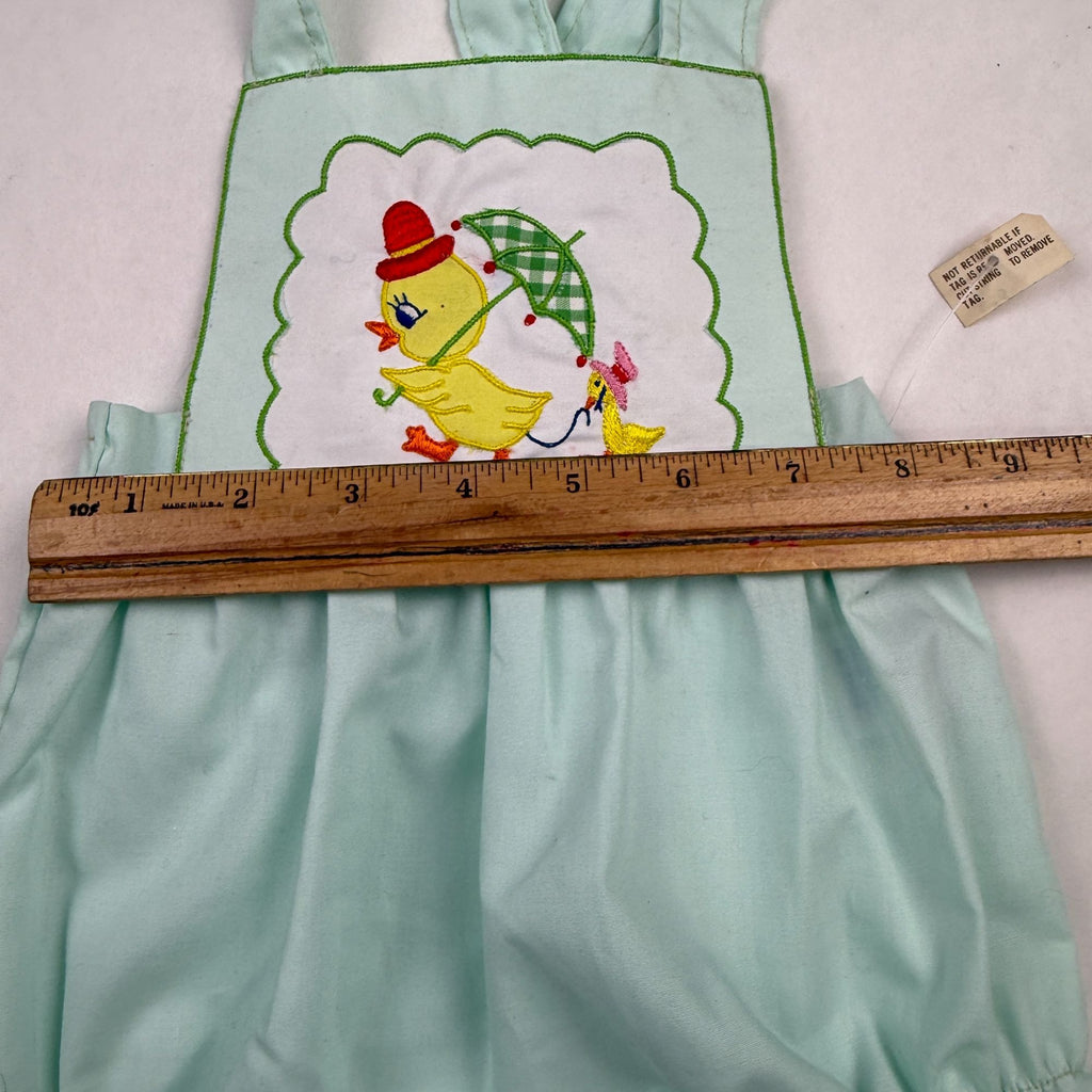 Vintage Little Set Green Baby Romper With Duck Embroidery & Bib Overall NWT