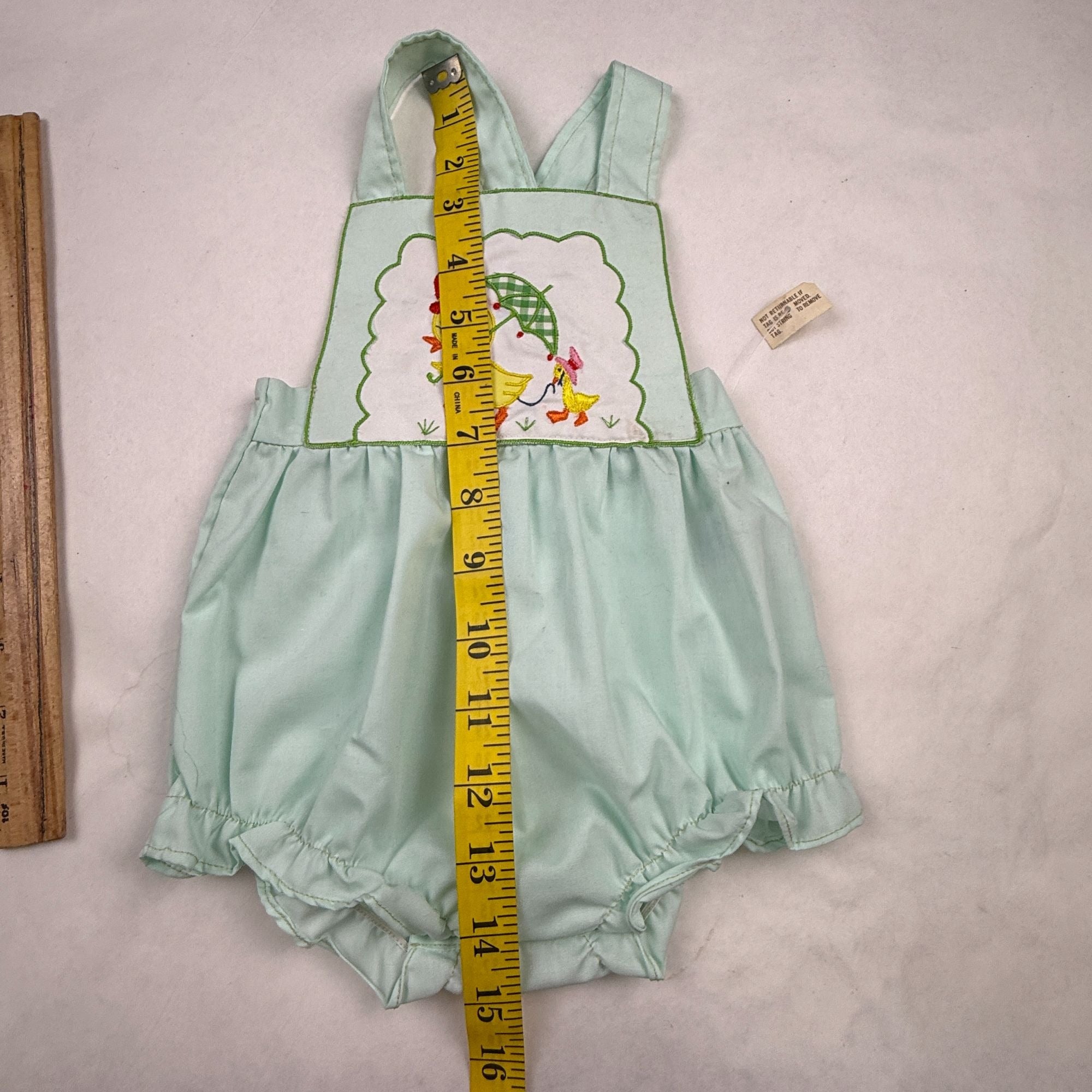Vintage Little Set Green Baby Romper With Duck Embroidery & Bib Overall NWT