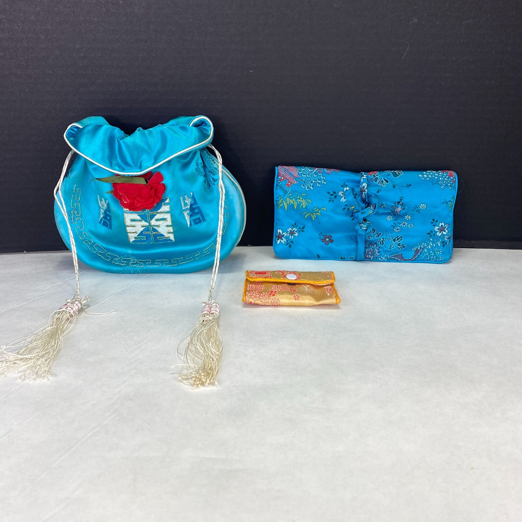 Vintage Silk Satin Asian Embroidered Accessory Bags Lot of 3