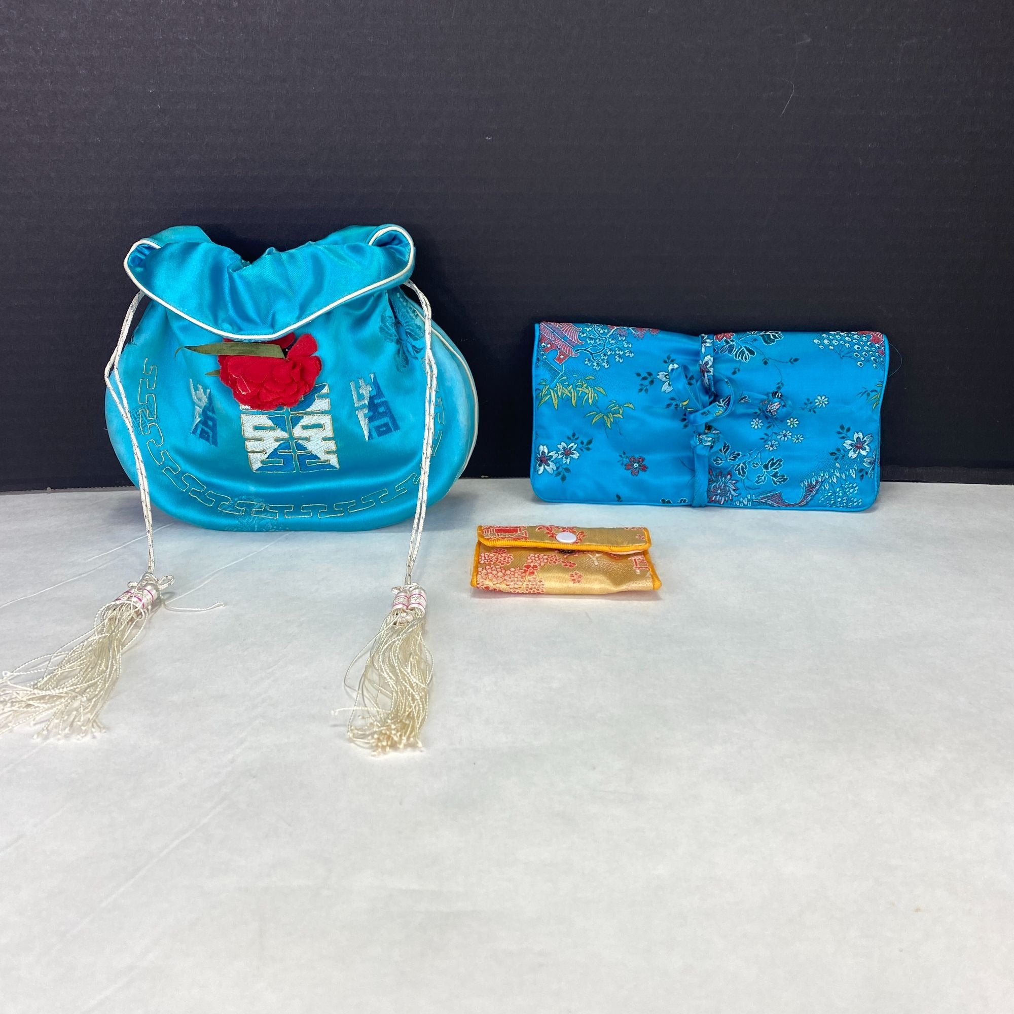 Vintage Silk Satin Asian Embroidered Accessory Bags Lot of 3