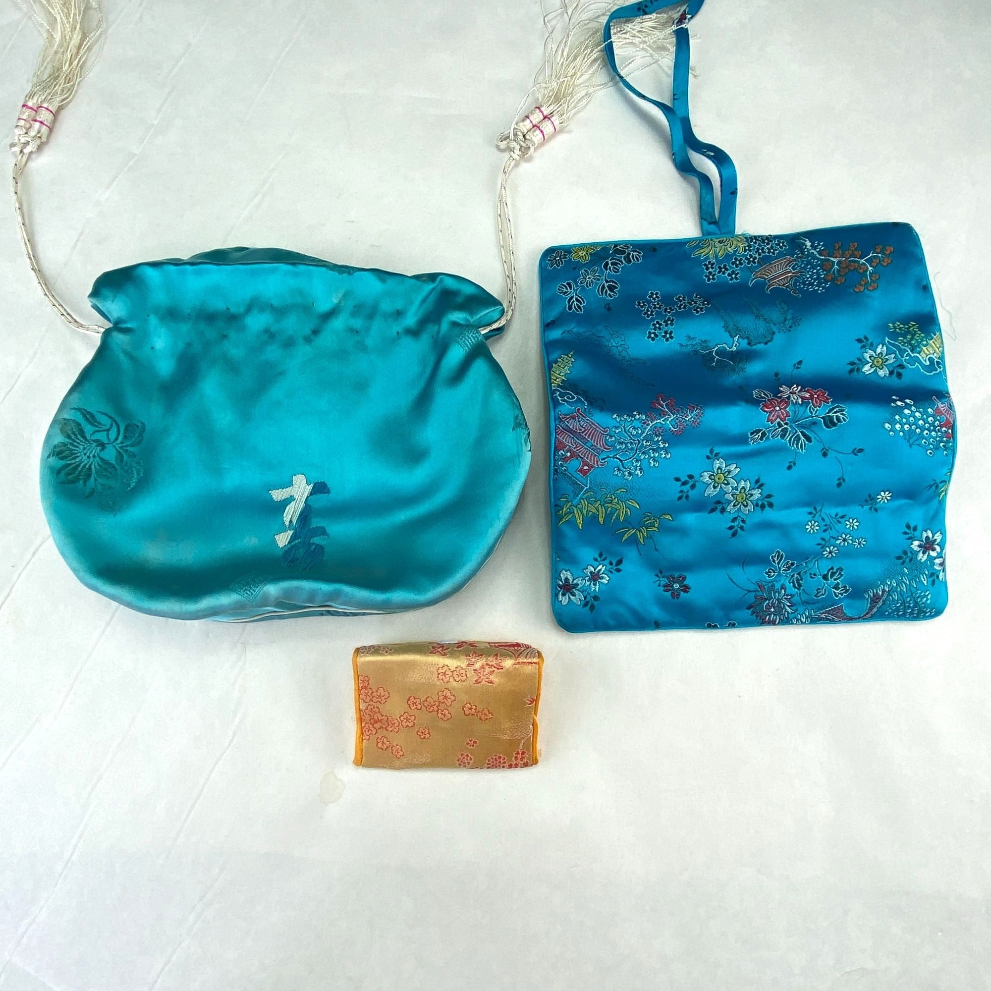 Vintage Silk Satin Asian Embroidered Accessory Bags Lot of 3