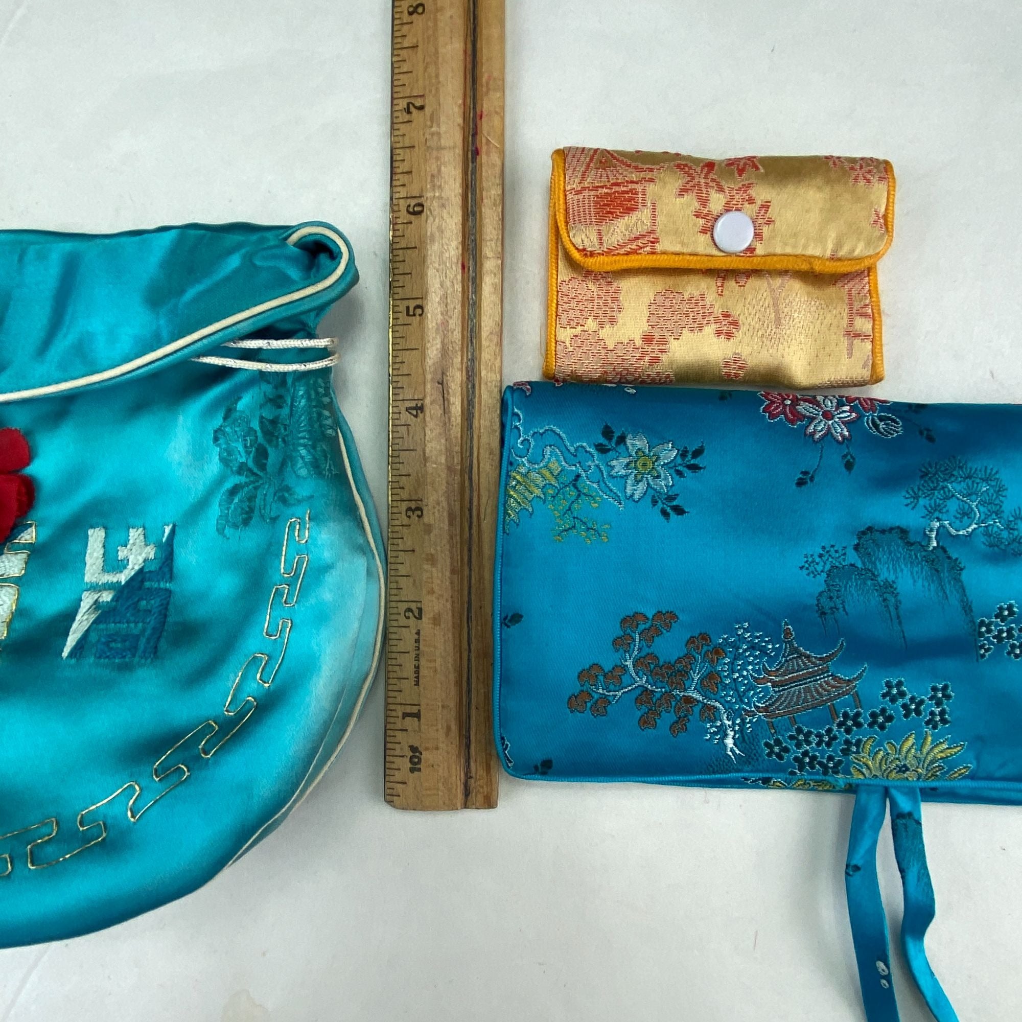Vintage Silk Satin Asian Embroidered Accessory Bags Lot of 3