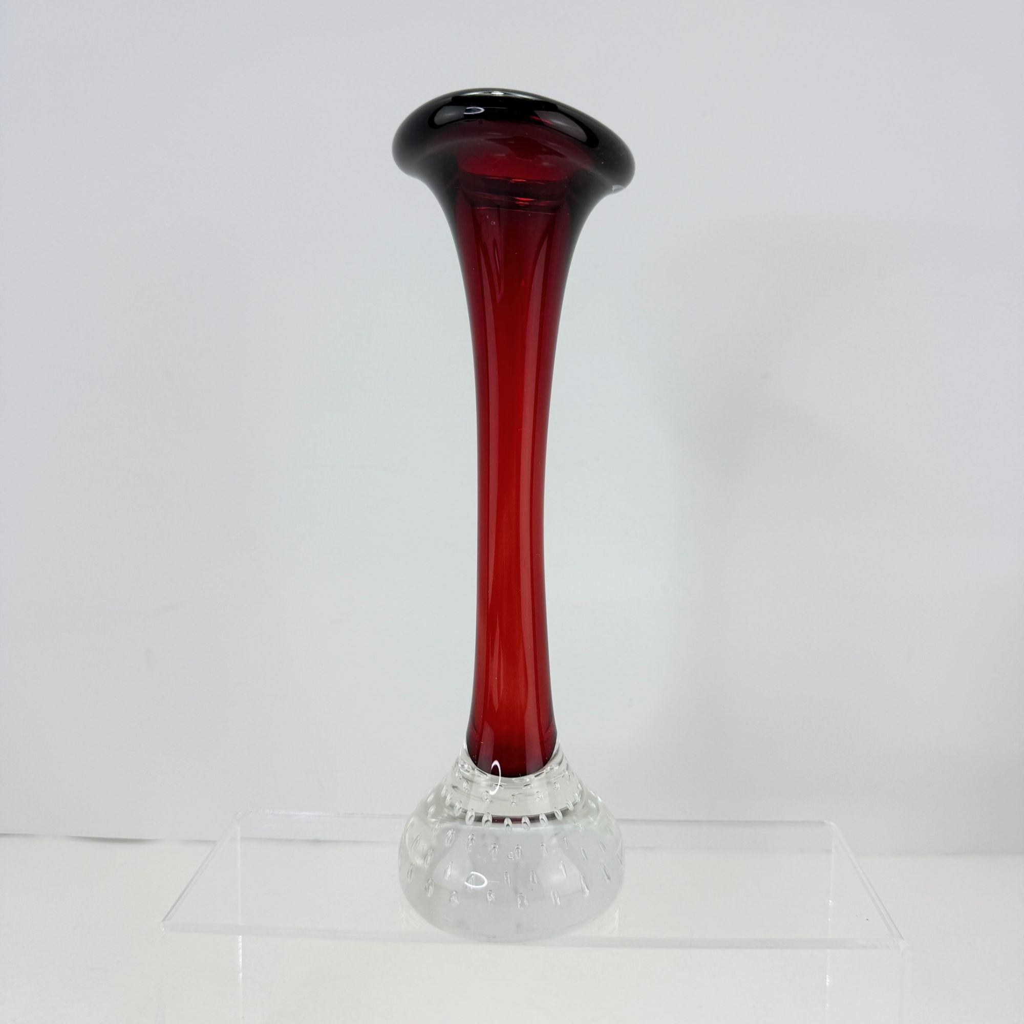 Vintage Aseda Glasbruk Red & Clear Art Glass Vase With Controlled Bubbles