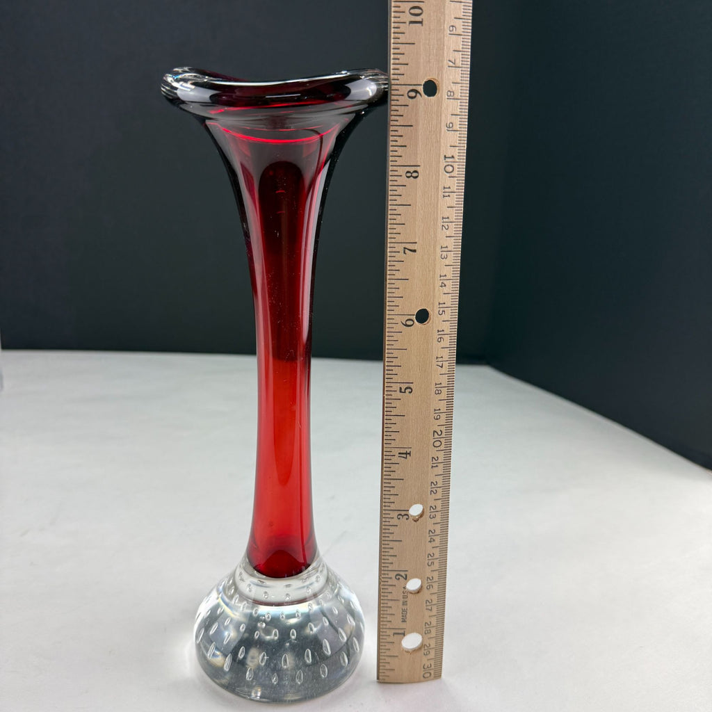 Vintage Aseda Glasbruk Red & Clear Art Glass Vase With Controlled Bubbles