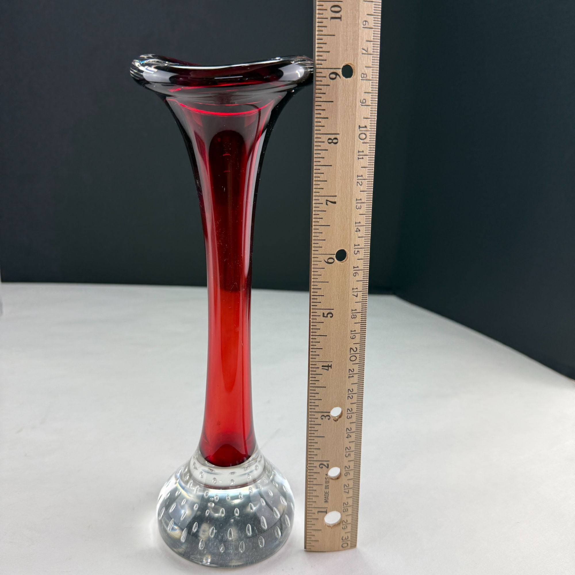 Vintage Aseda Glasbruk Red & Clear Art Glass Vase With Controlled Bubbles