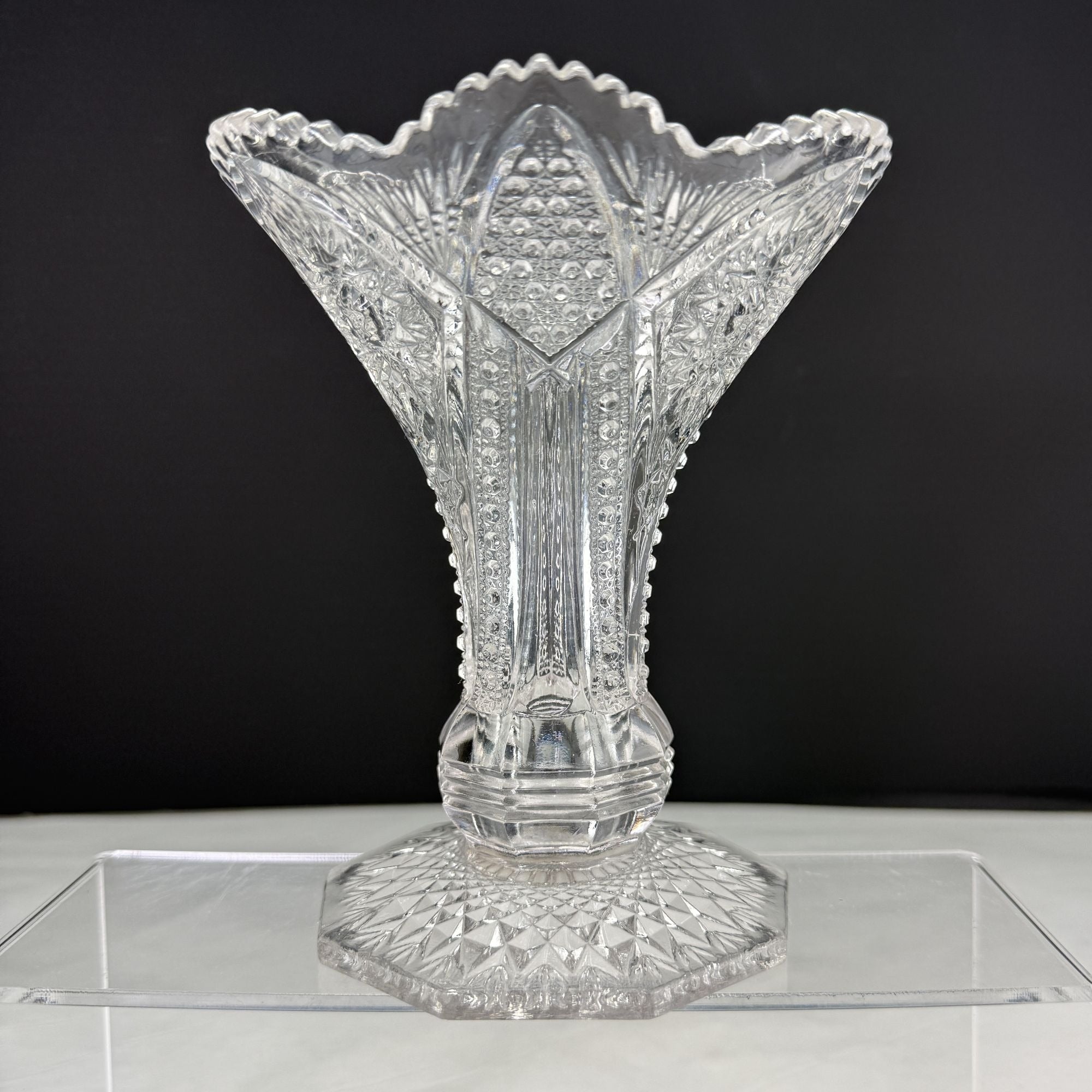 Vintage Glass Trumpet Vase Scalloped Sawtooth Edge