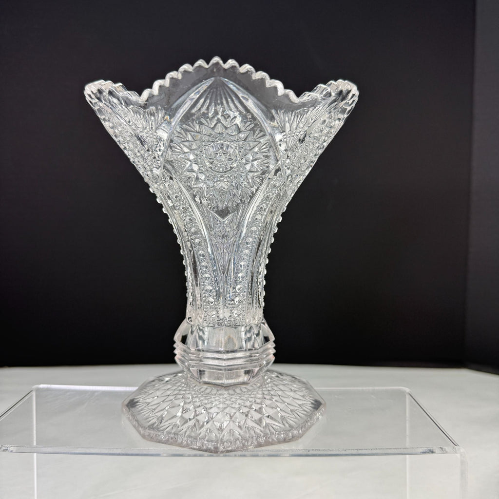 Vintage Glass Trumpet Vase Scalloped Sawtooth Edge
