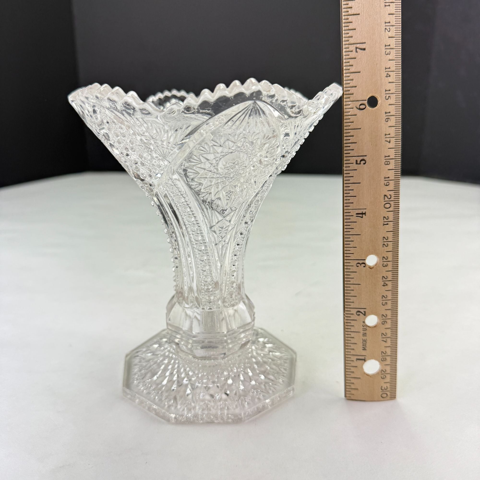 Vintage Glass Trumpet Vase Scalloped Sawtooth Edge