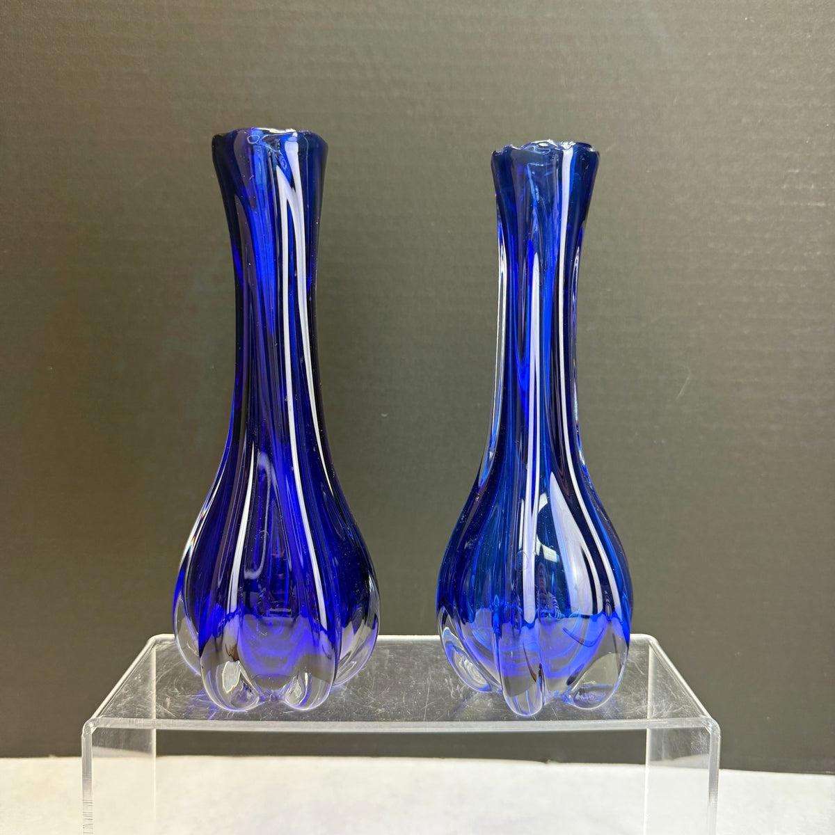 Vintage Pair Cobalt Blue & Clear Art Glass Vases With Lobbed Base