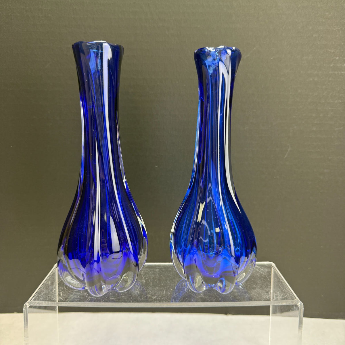Vintage Pair Cobalt Blue & Clear Art Glass Vases With Lobbed Base
