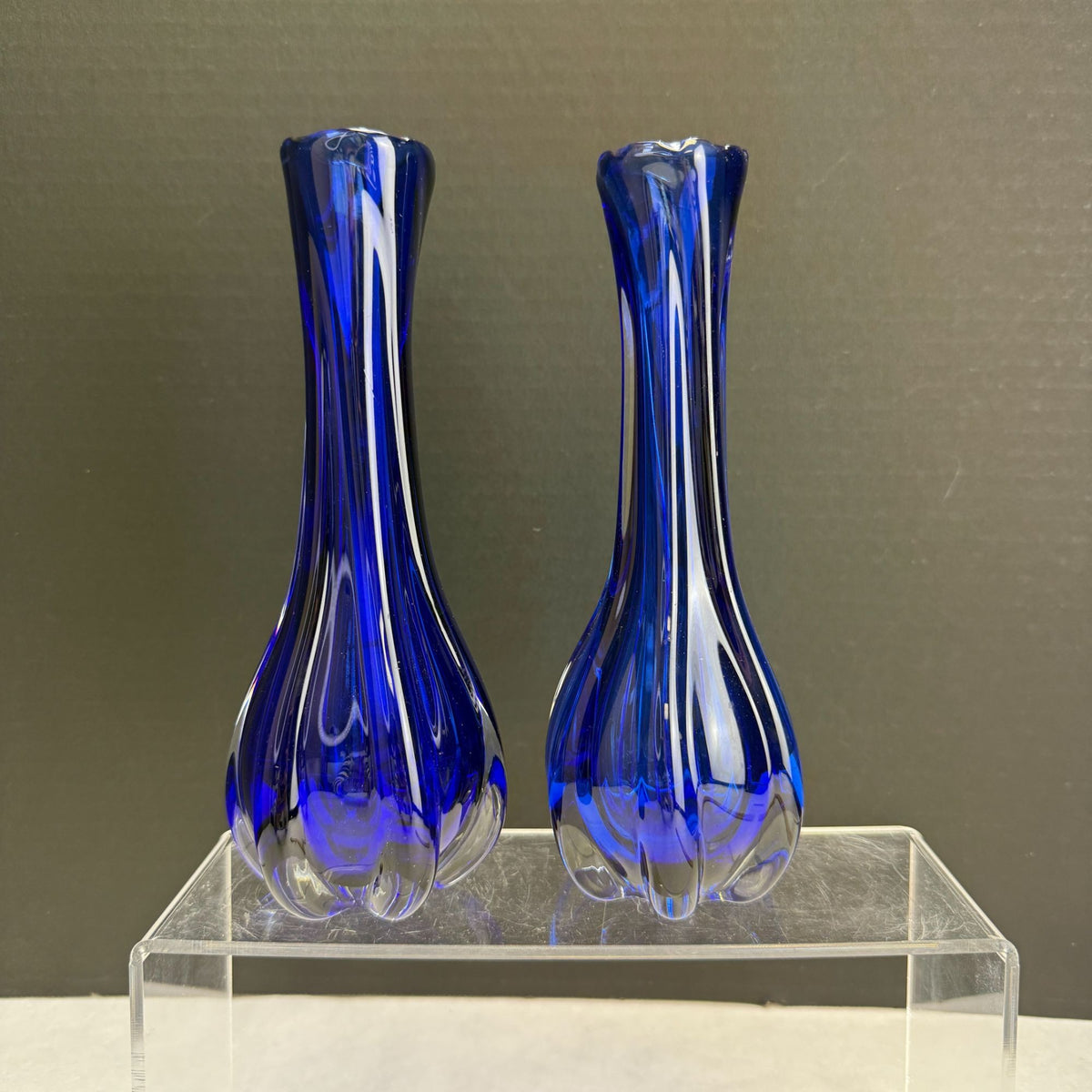 Vintage Pair Cobalt Blue & Clear Art Glass Vases With Lobbed Base
