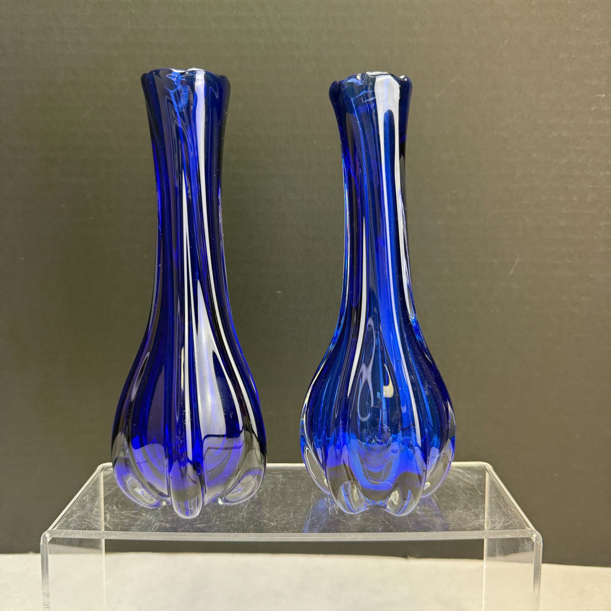 Vintage Pair Cobalt Blue & Clear Art Glass Vases With Lobbed Base