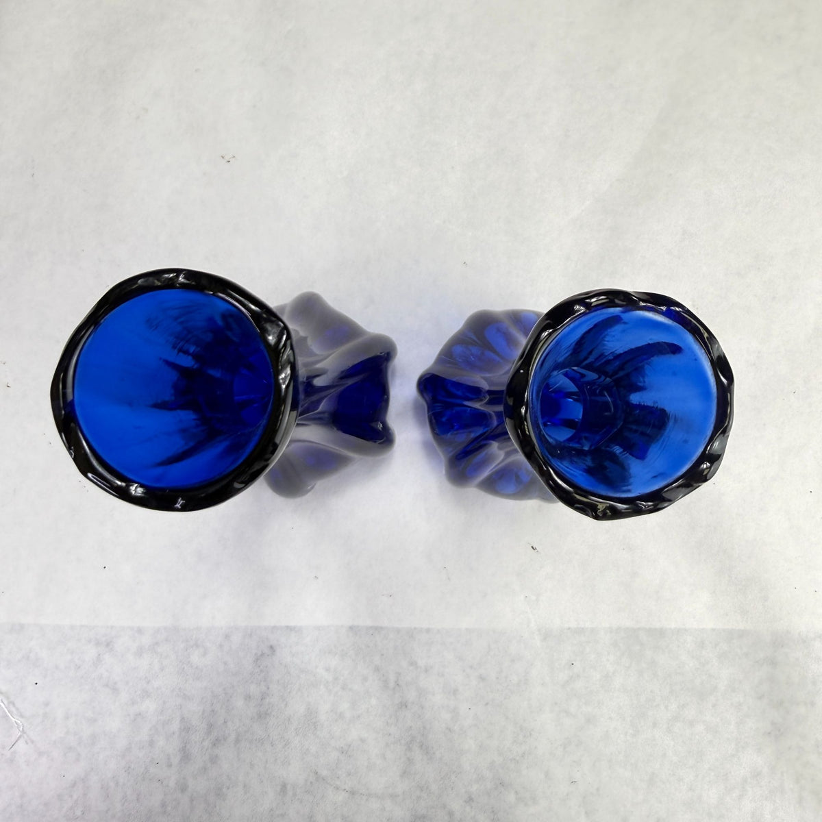 Vintage Pair Cobalt Blue & Clear Art Glass Vases With Lobbed Base