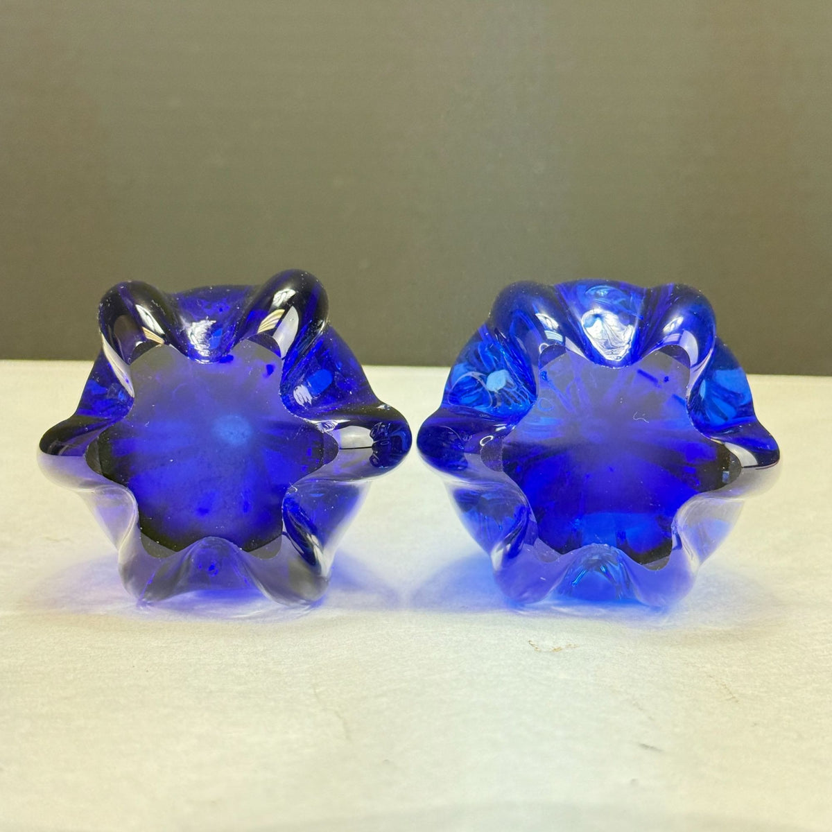 Vintage Pair Cobalt Blue & Clear Art Glass Vases With Lobbed Base