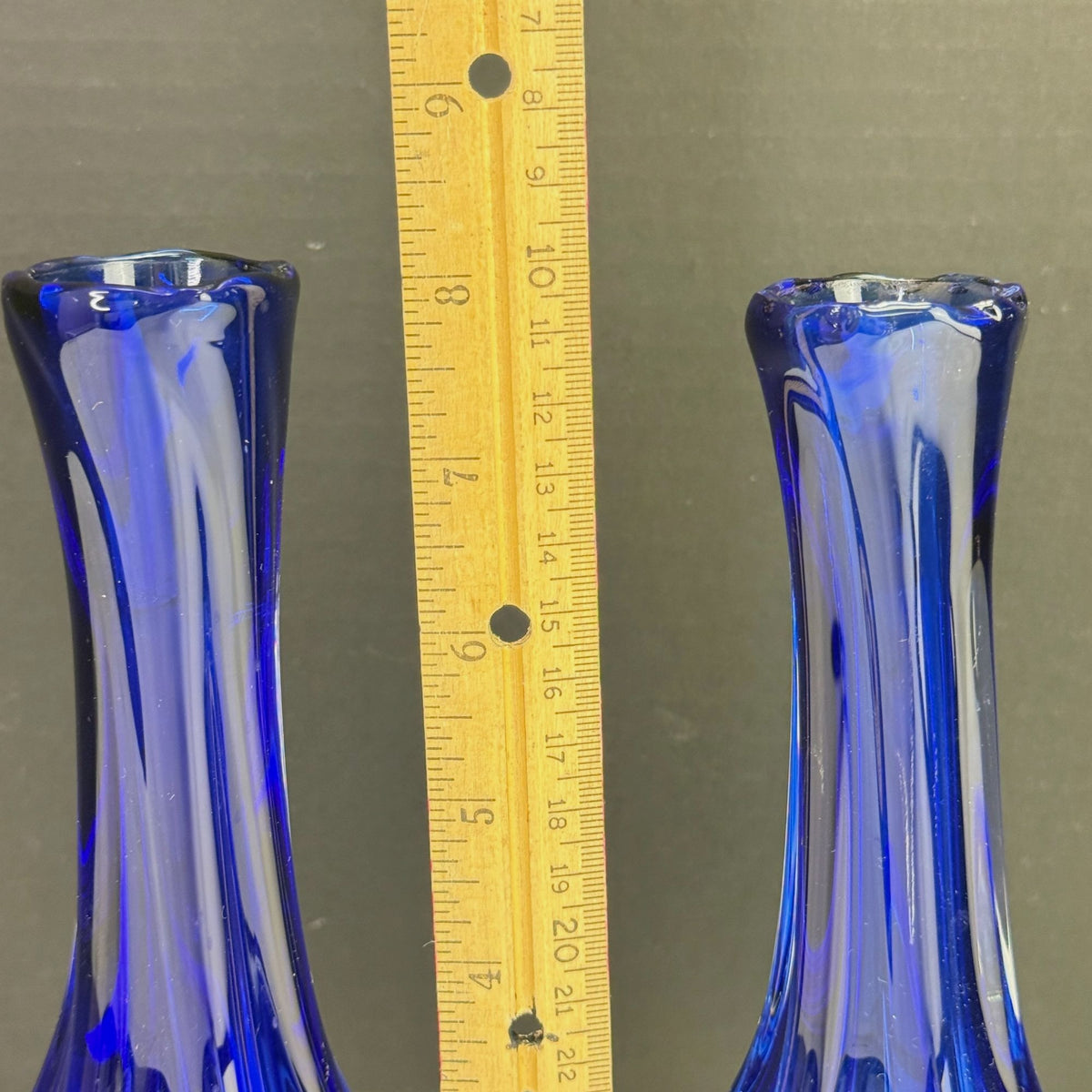 Vintage Pair Cobalt Blue & Clear Art Glass Vases With Lobbed Base