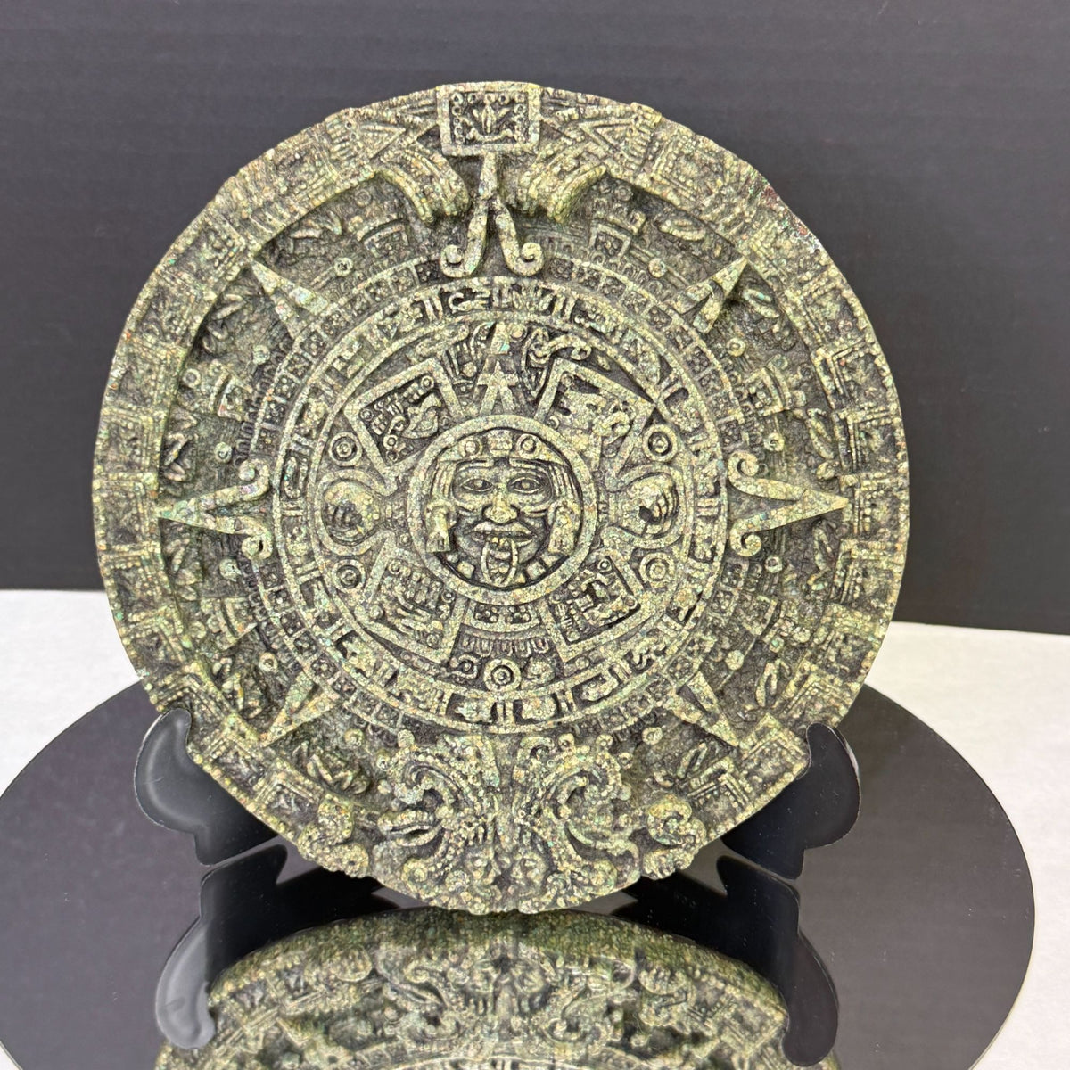 Vintage Aztec Mayan Sun Stone Calendar Wall Plaque 7" Green Stone Look Decor