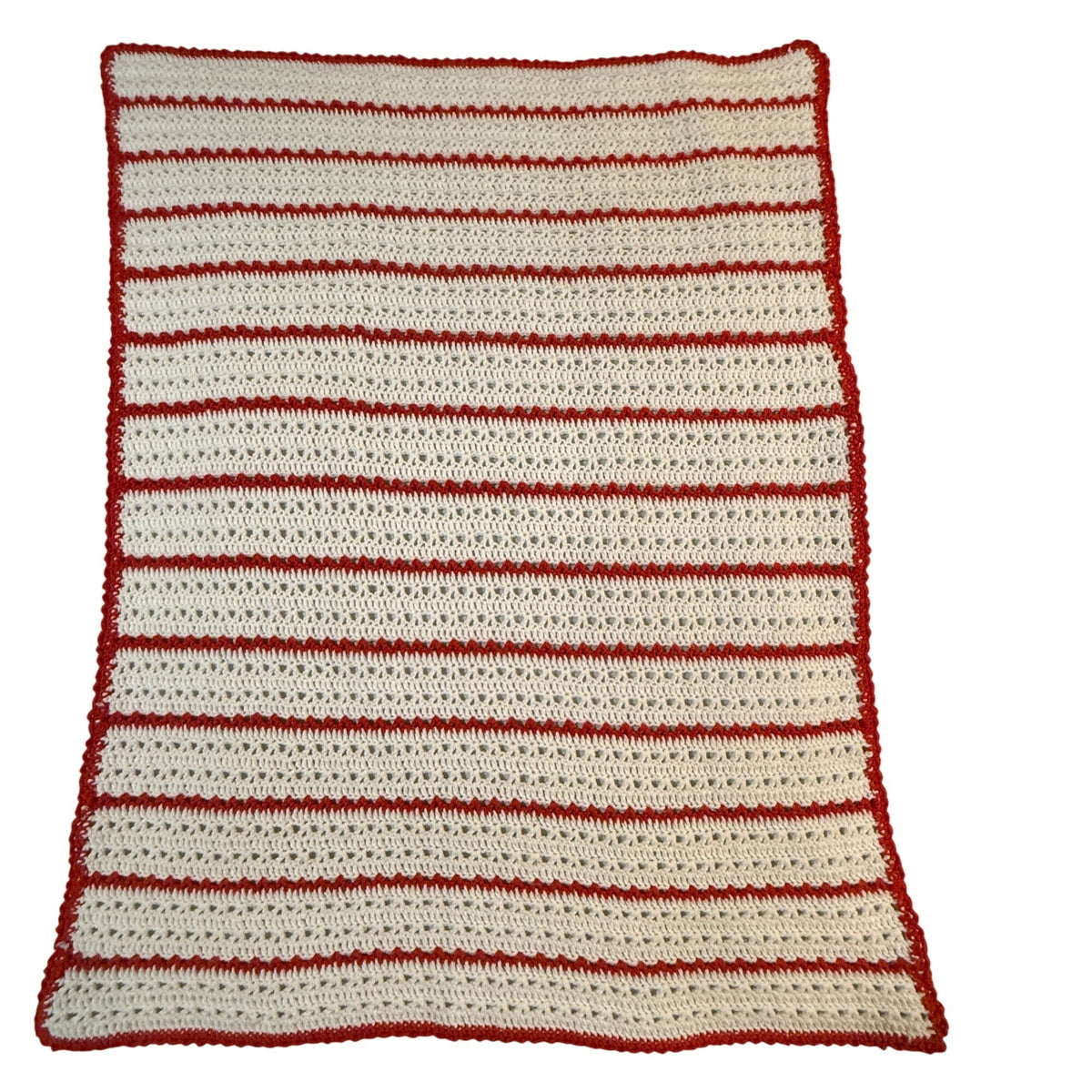 Vintage Crochet Lap Afghan Throw Blanket Red White Striped 35" x 45" Handmade