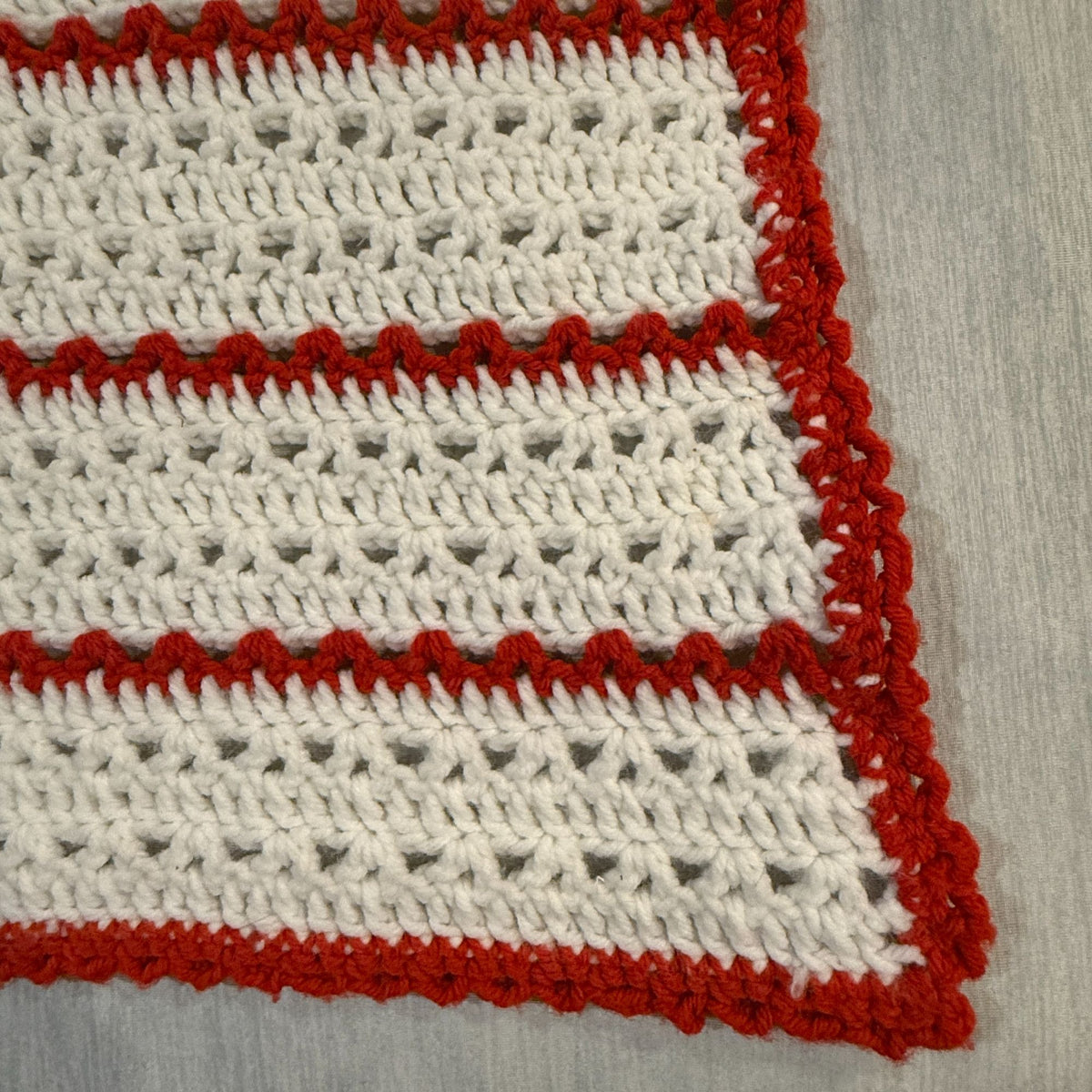Vintage Crochet Lap Afghan Throw Blanket Red White Striped 35" x 45" Handmade