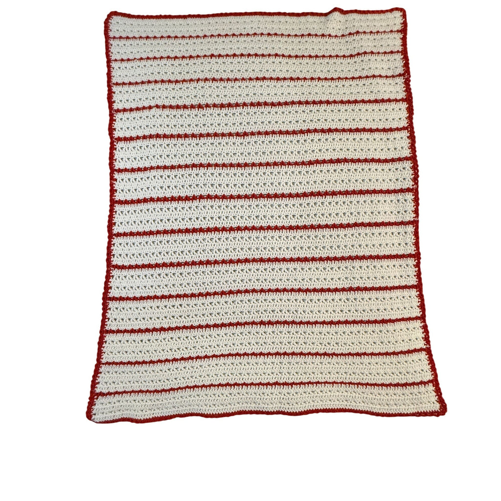 Vintage Crochet Lap Afghan Throw Blanket Red White Striped 35" x 45" Handmade