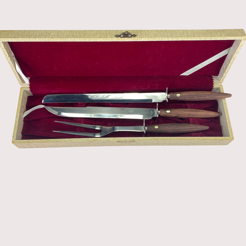 Vintage MCM Wood Handles Stainless Steel Carving Set 3 Pc Set with Box Japan