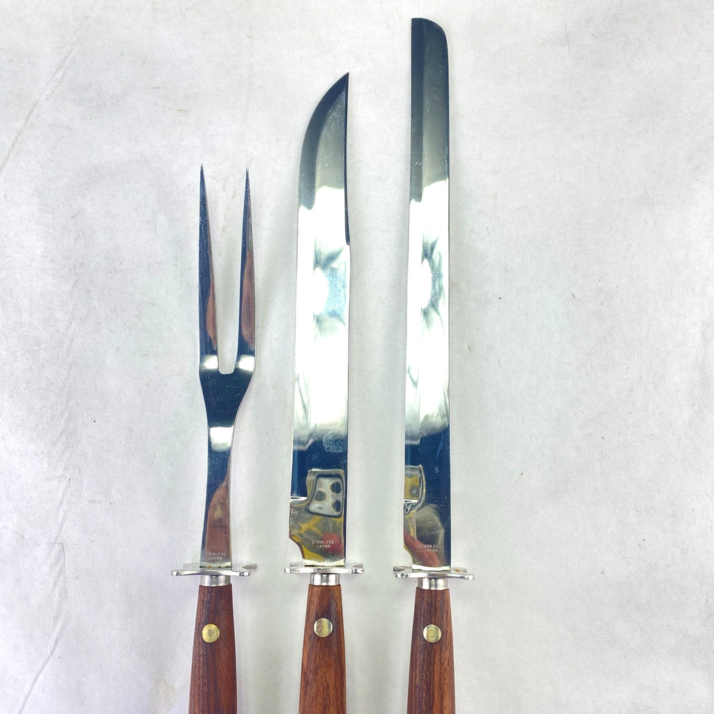 Vintage MCM Wood Handles Stainless Steel Carving Set 3 Pc Set with Box Japan