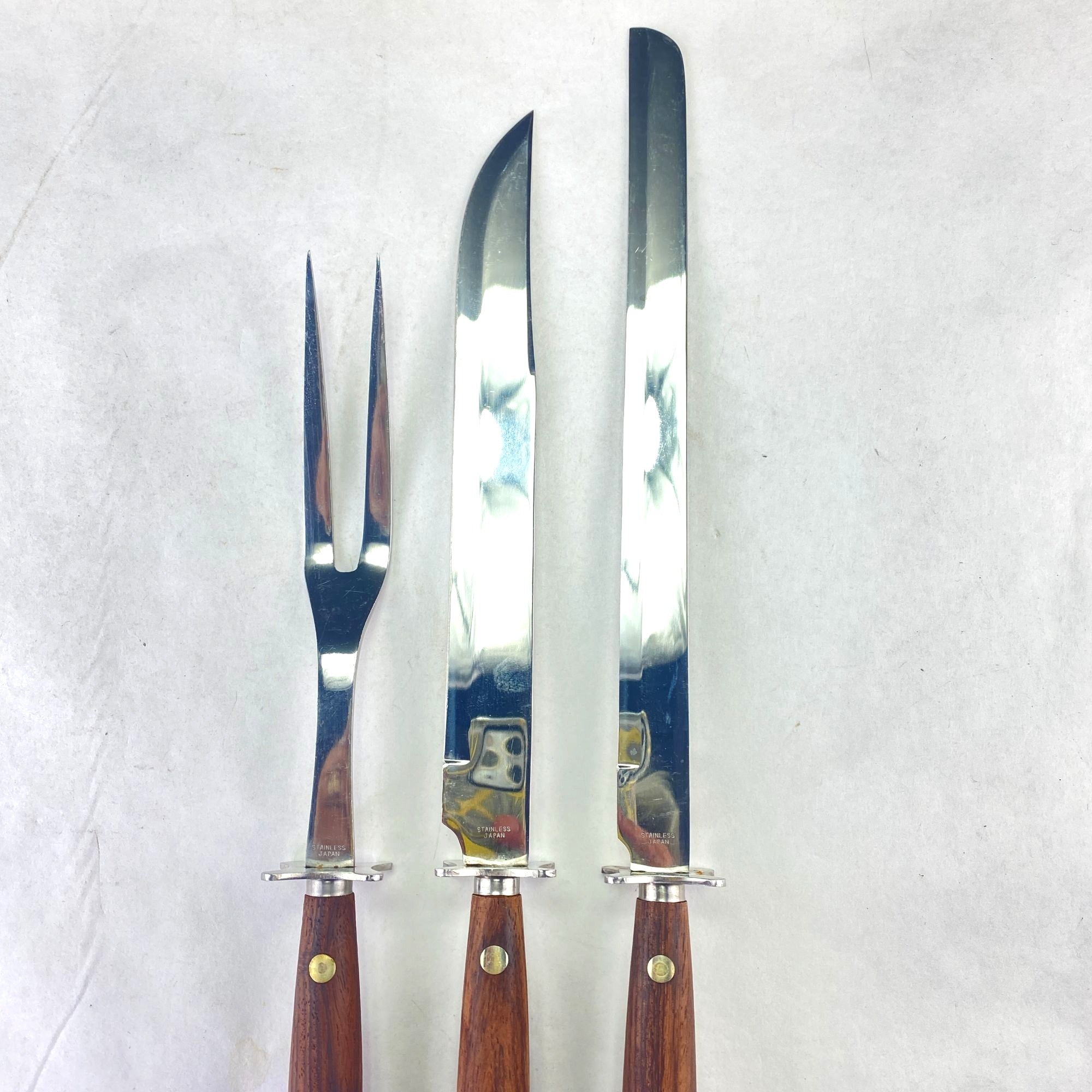 Vintage MCM Wood Handles Stainless Steel Carving Set 3 Pc Set with Box Japan