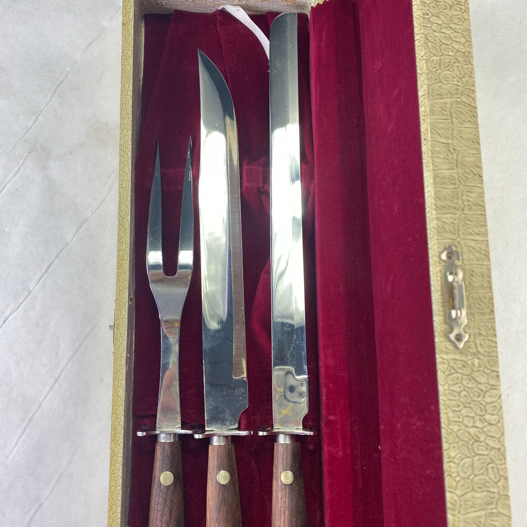 Vintage MCM Wood Handles Stainless Steel Carving Set 3 Pc Set with Box Japan
