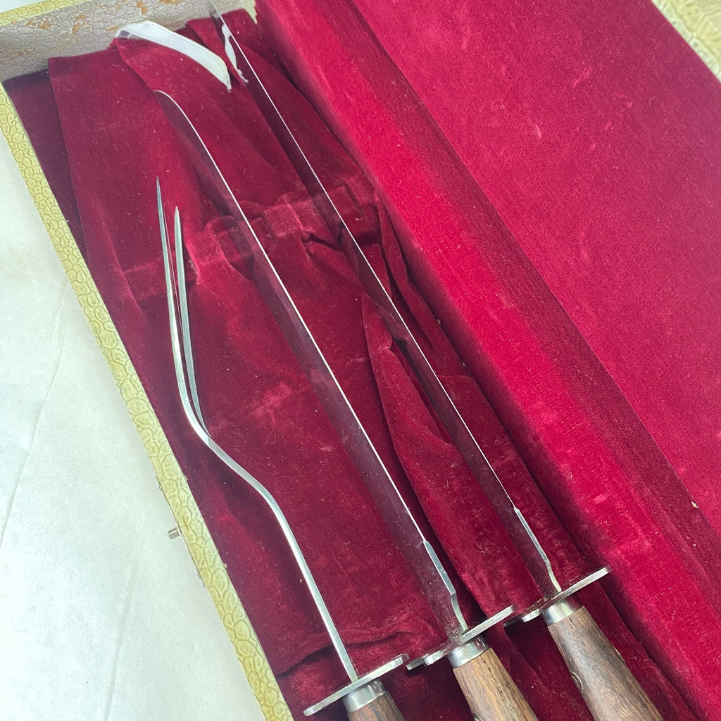 Vintage MCM Wood Handles Stainless Steel Carving Set 3 Pc Set with Box Japan