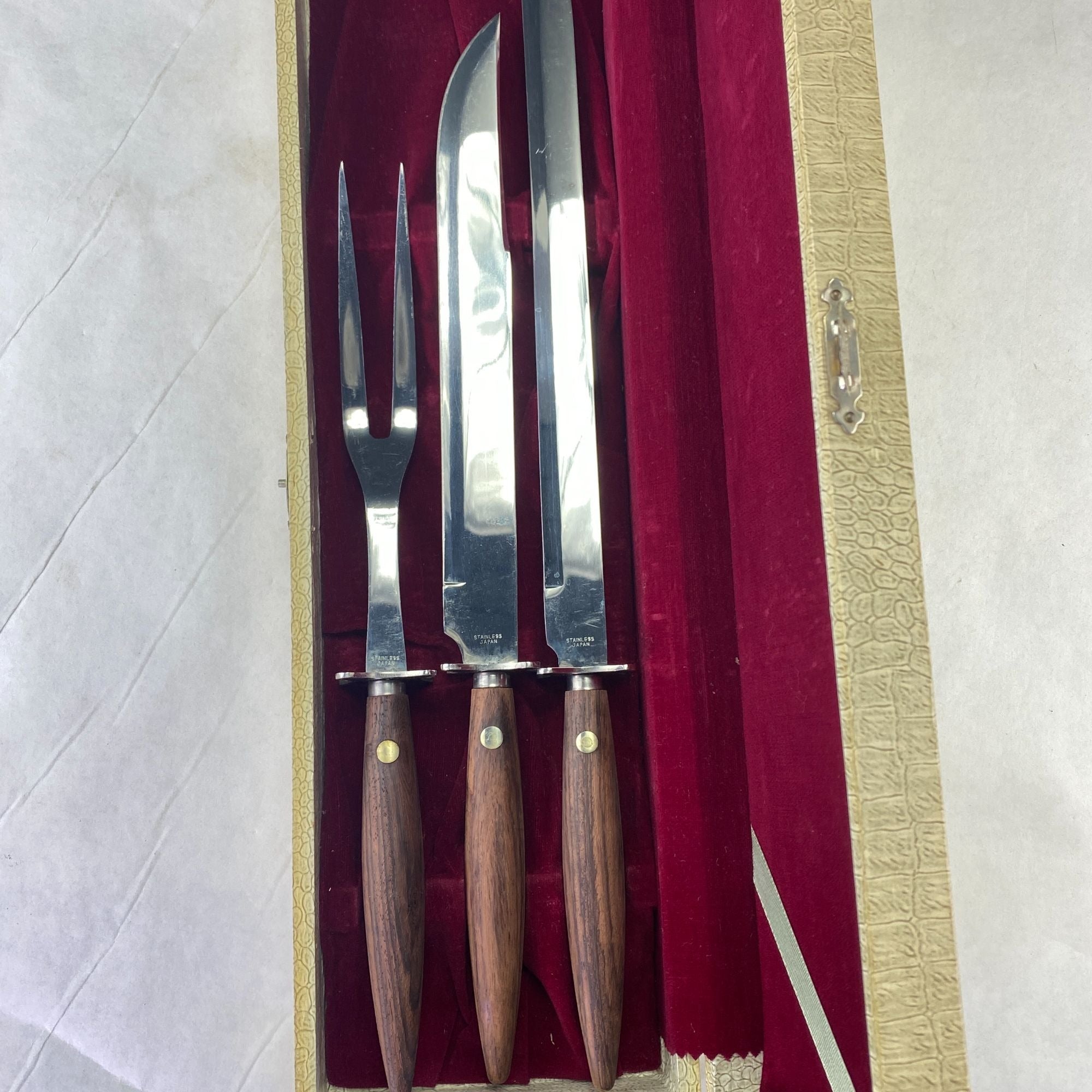 Vintage MCM Wood Handles Stainless Steel Carving Set 3 Pc Set with Box Japan